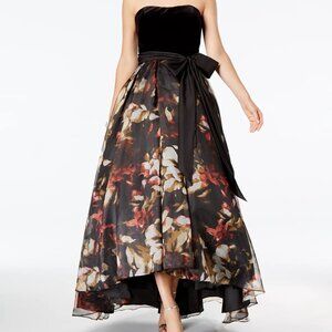 Betsy & Adam Black Velvet and Floral High-Low Gown, Size 4.